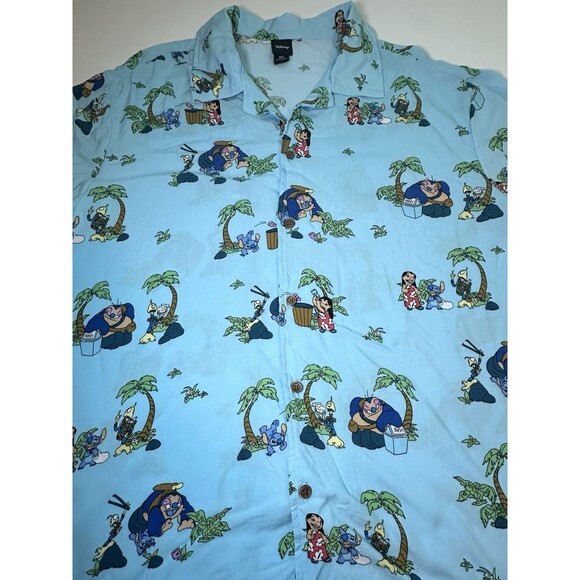 Disney Lilo & Stitch Blue Hawaiian Beach Scenes Button Up Shirt Men's MEDIUM - Picture 3 of 8